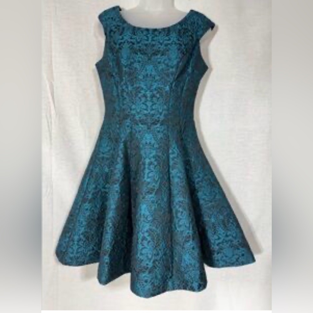 Teal and black jacquard fit-and-flare mini dress by Betsey Johnson size 10